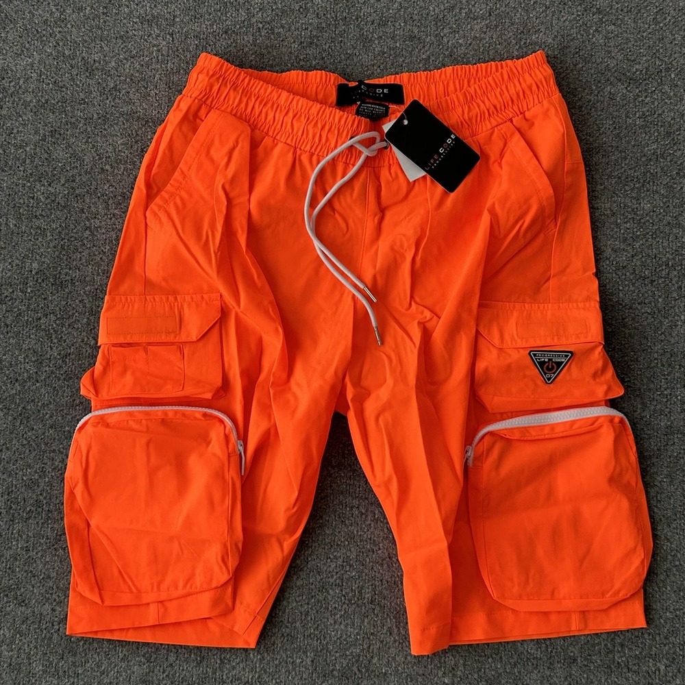 Life Code Shorts Mens Large Orange Cargo Nylon Stretch Elastic Waist Zip Pockets